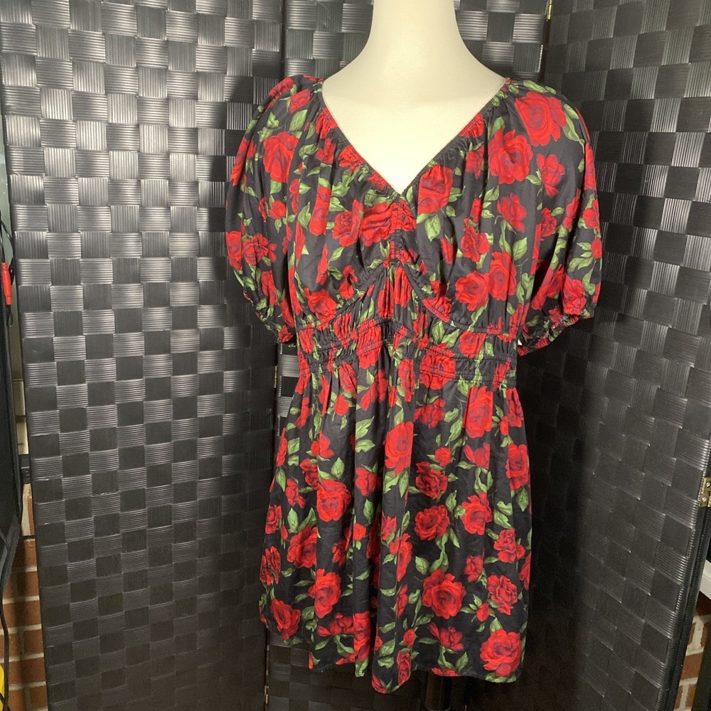 Old Navy 3X Waisted Puff Sleeve Babydoll Mini Dress Roses Dark Floral Goth NWT